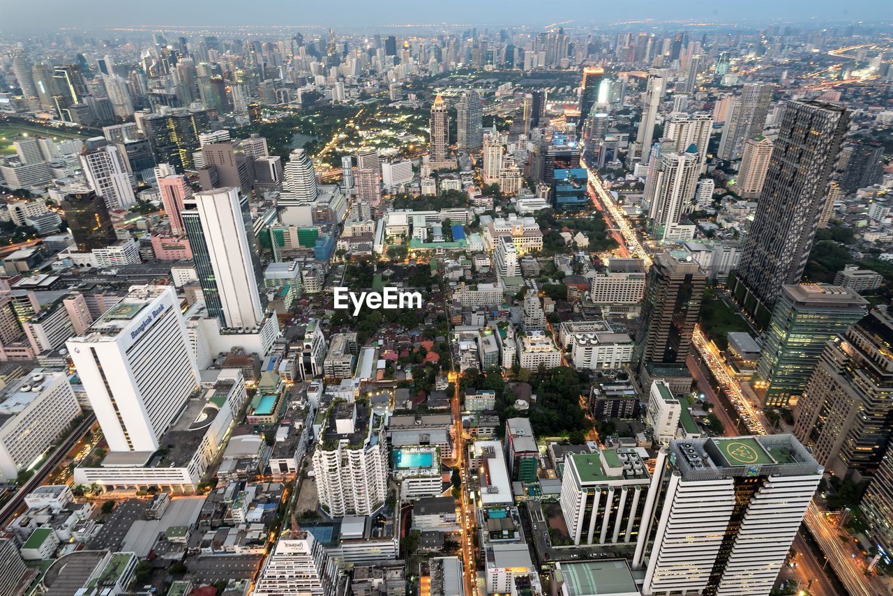 High angle view of modern buildings in city