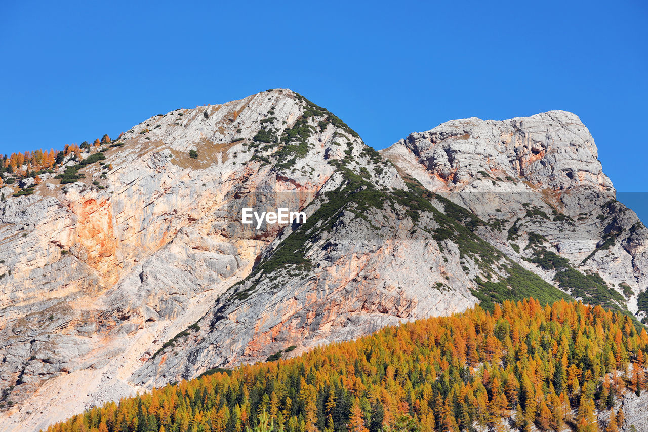 Low angle view of rocky mountains against clear blue sky