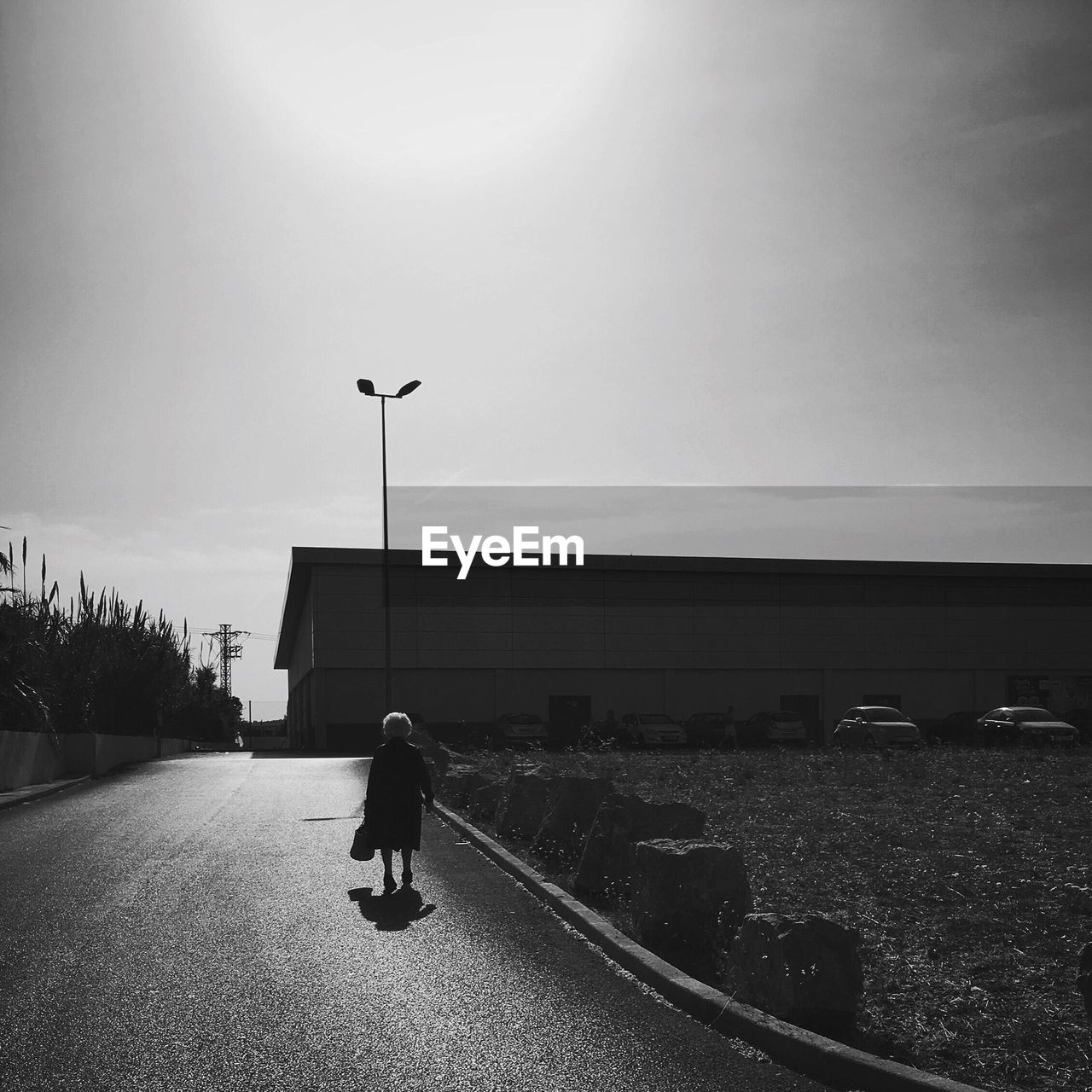 Rear view of a woman walking on road