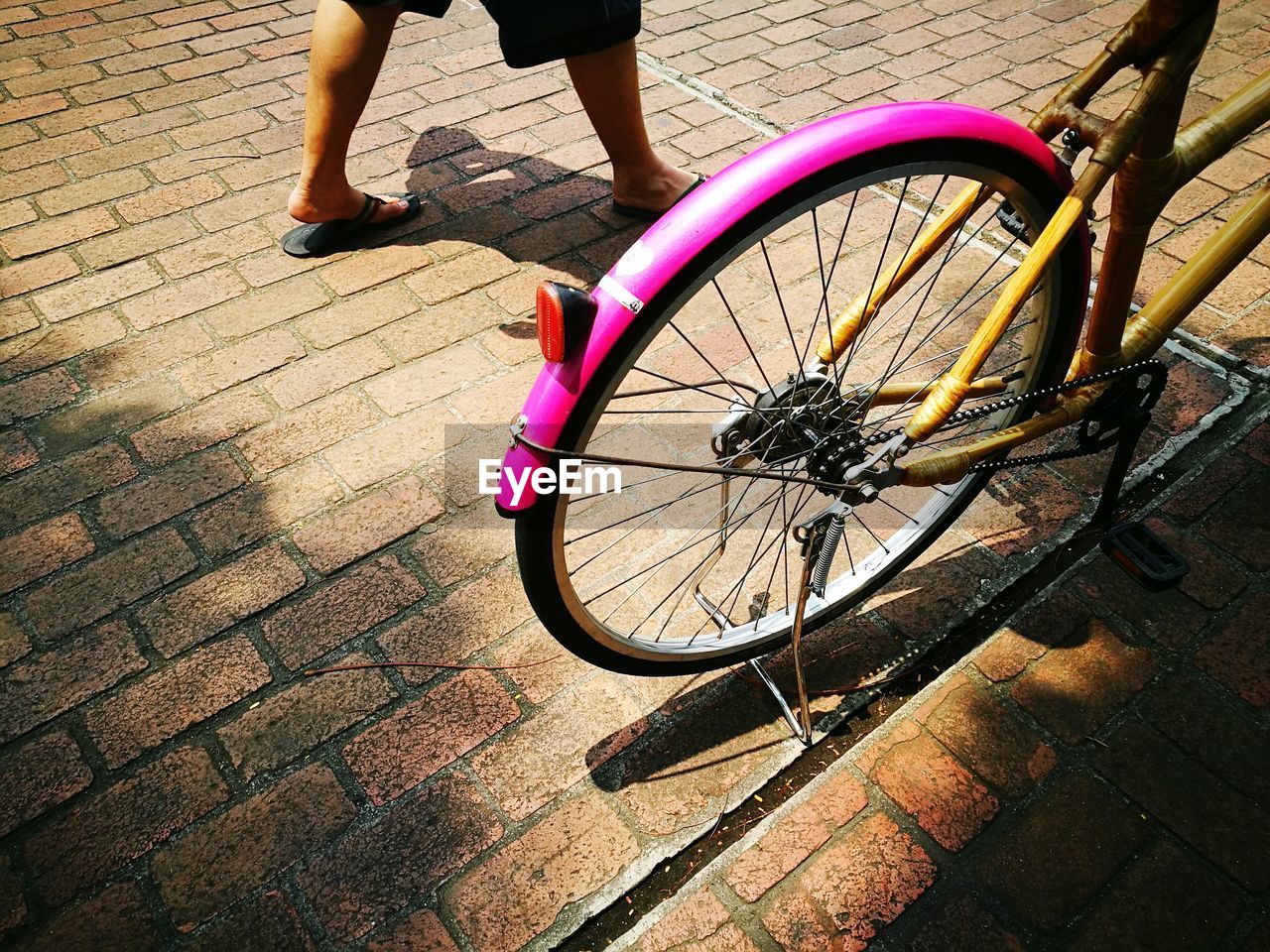 Low section of person walking by bicycle on footpath