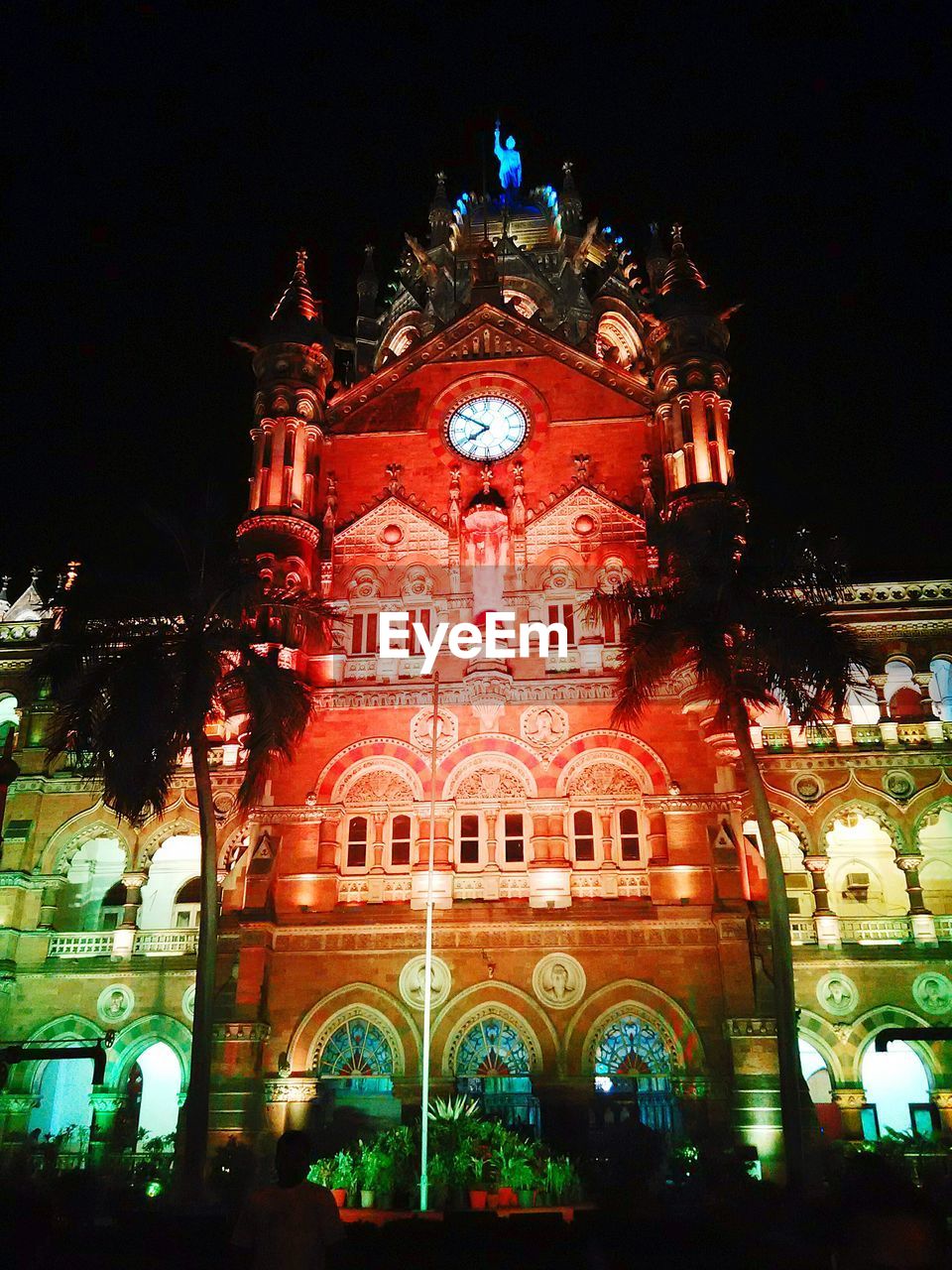 Low angle view of illuminated chhatrapati shivaji terminus at night