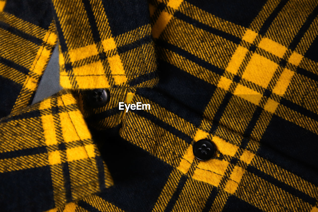 yellow, pattern, textile, no people, indoors, backgrounds, full frame, close-up, shadow, plaid, high angle view, checked pattern, black, art, tartan