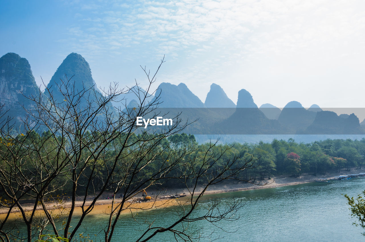 Scenic view of lake and mountains against sky