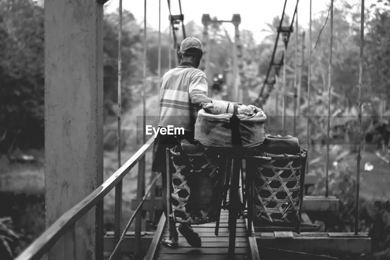 Rear view of man walking with bicycle on bridge