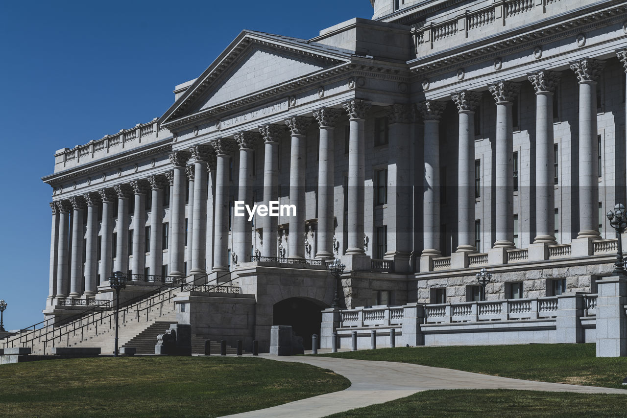 Front of the capitol, government building on a sunny day in the usa.