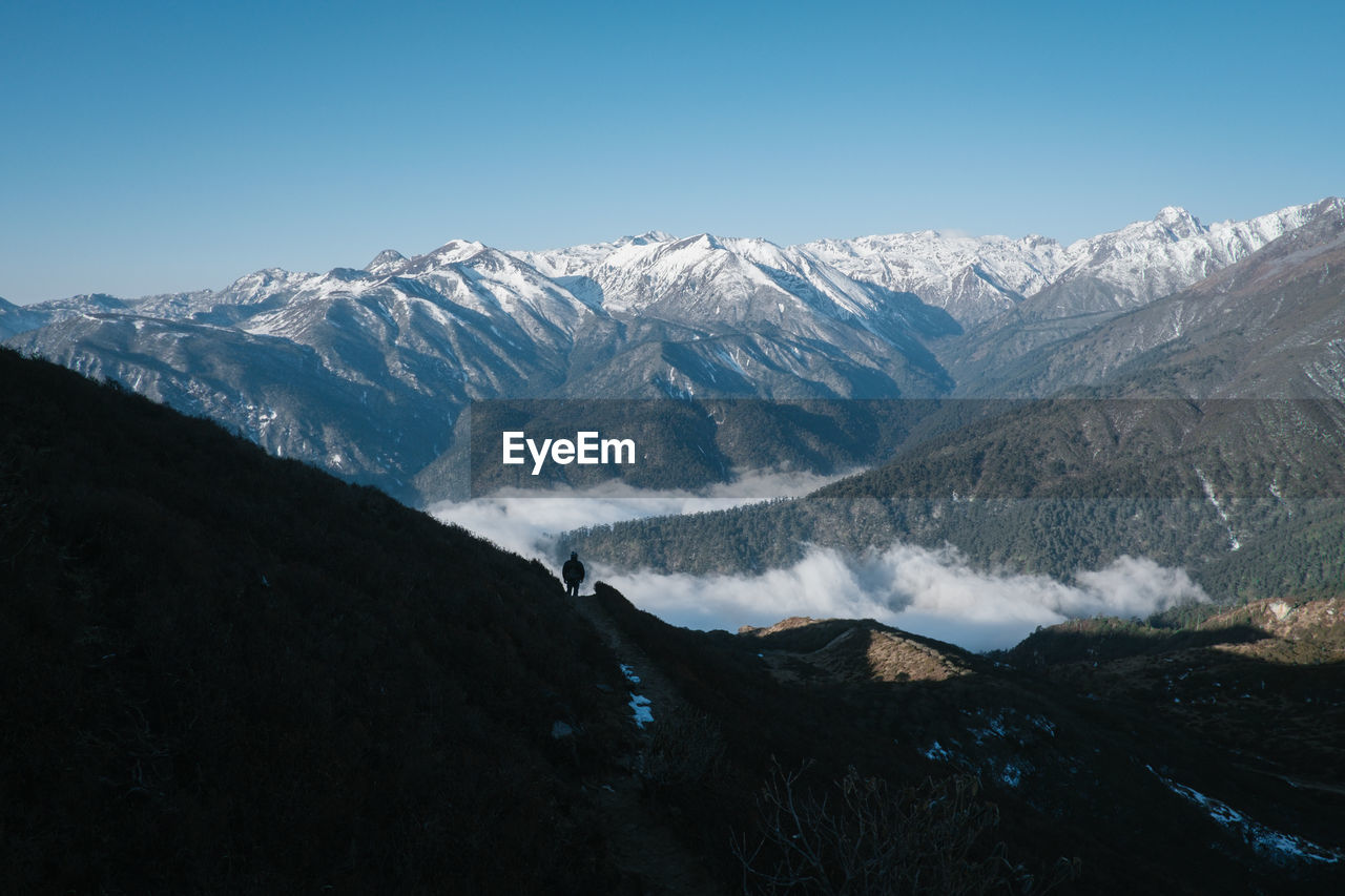 Scenic view of snowcapped mountains against clear sky