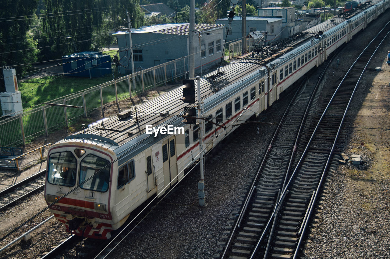 High angle view of train on railroad tracks