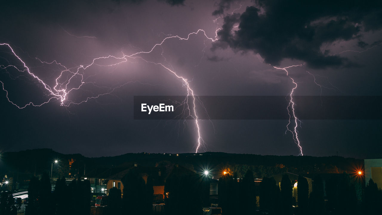 PANORAMIC VIEW OF LIGHTNING OVER CITY AT NIGHT