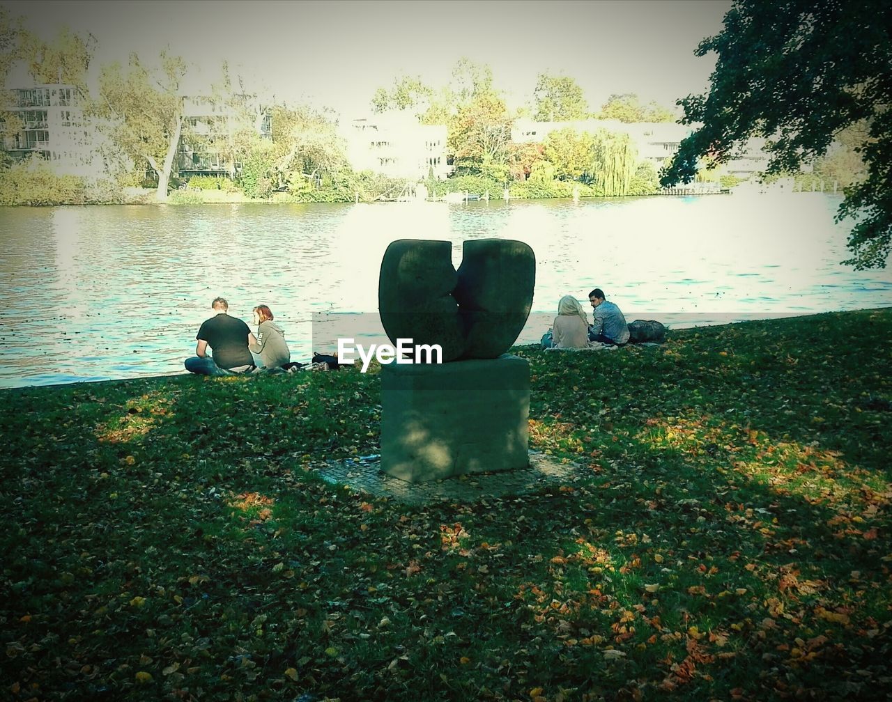 REAR VIEW OF PEOPLE SITTING ON GRASS AGAINST SKY