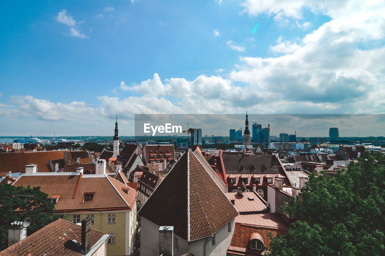 High angle view of buildings against sky