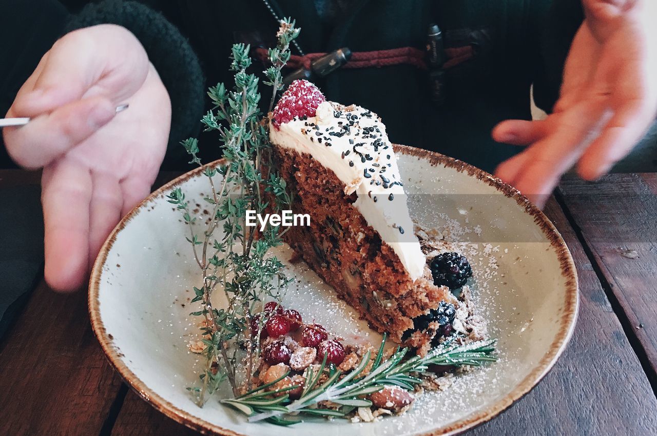 Midsection of person holding cake in plate