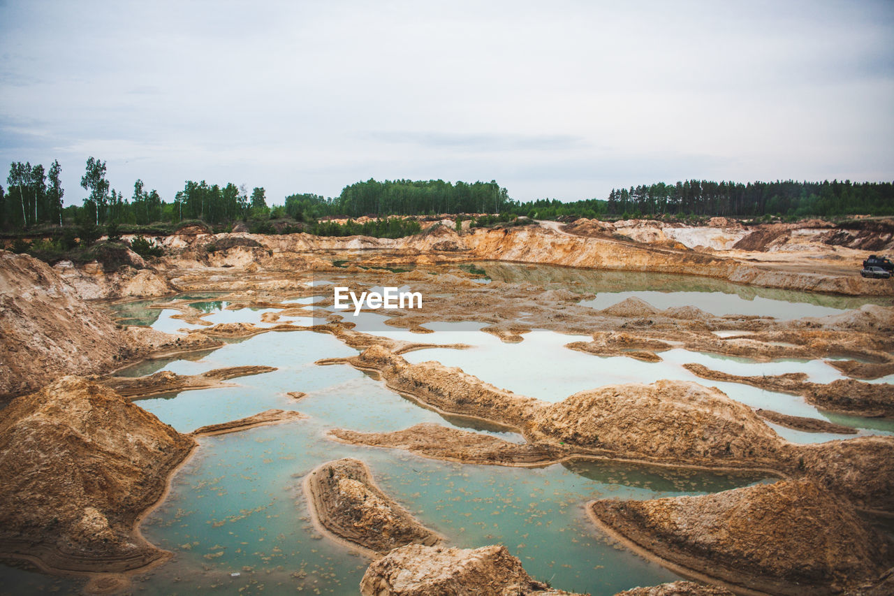 Panoramic view of rocks on landscape against sky