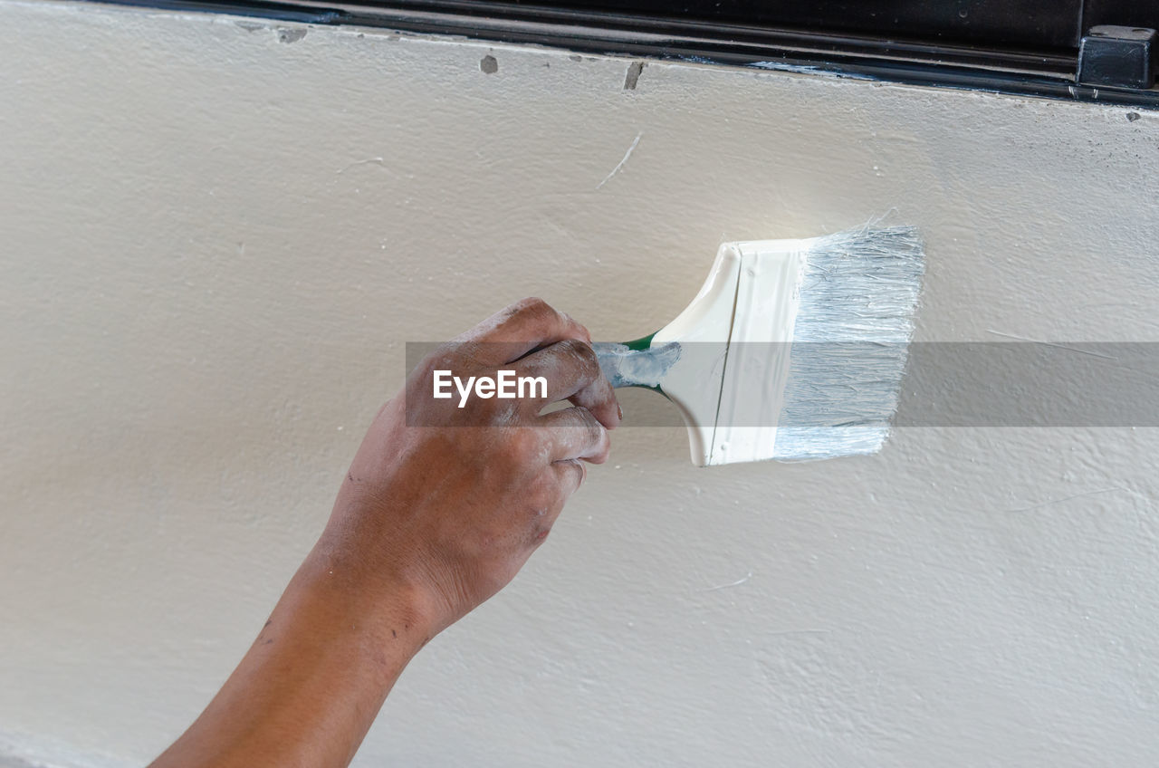 HIGH ANGLE VIEW OF WOMAN HAND AGAINST WHITE WALL