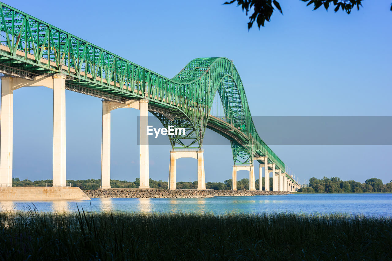 LOW ANGLE VIEW OF BRIDGE OVER CALM BLUE SEA AGAINST SKY