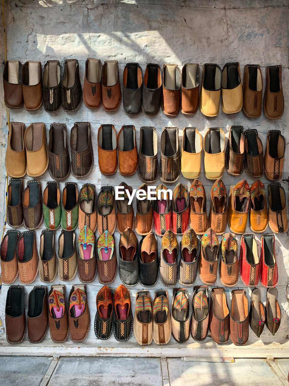 High angle view of shoes for sale at store