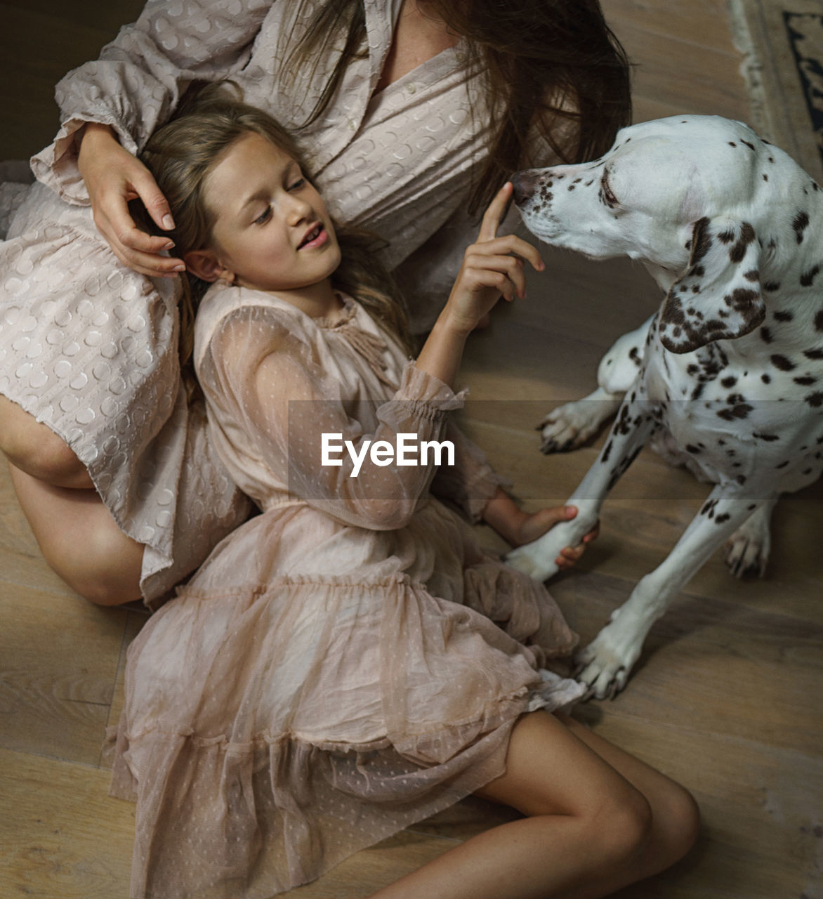 High angle view of girl, her mother and dalmatian dog lying on wooden floor