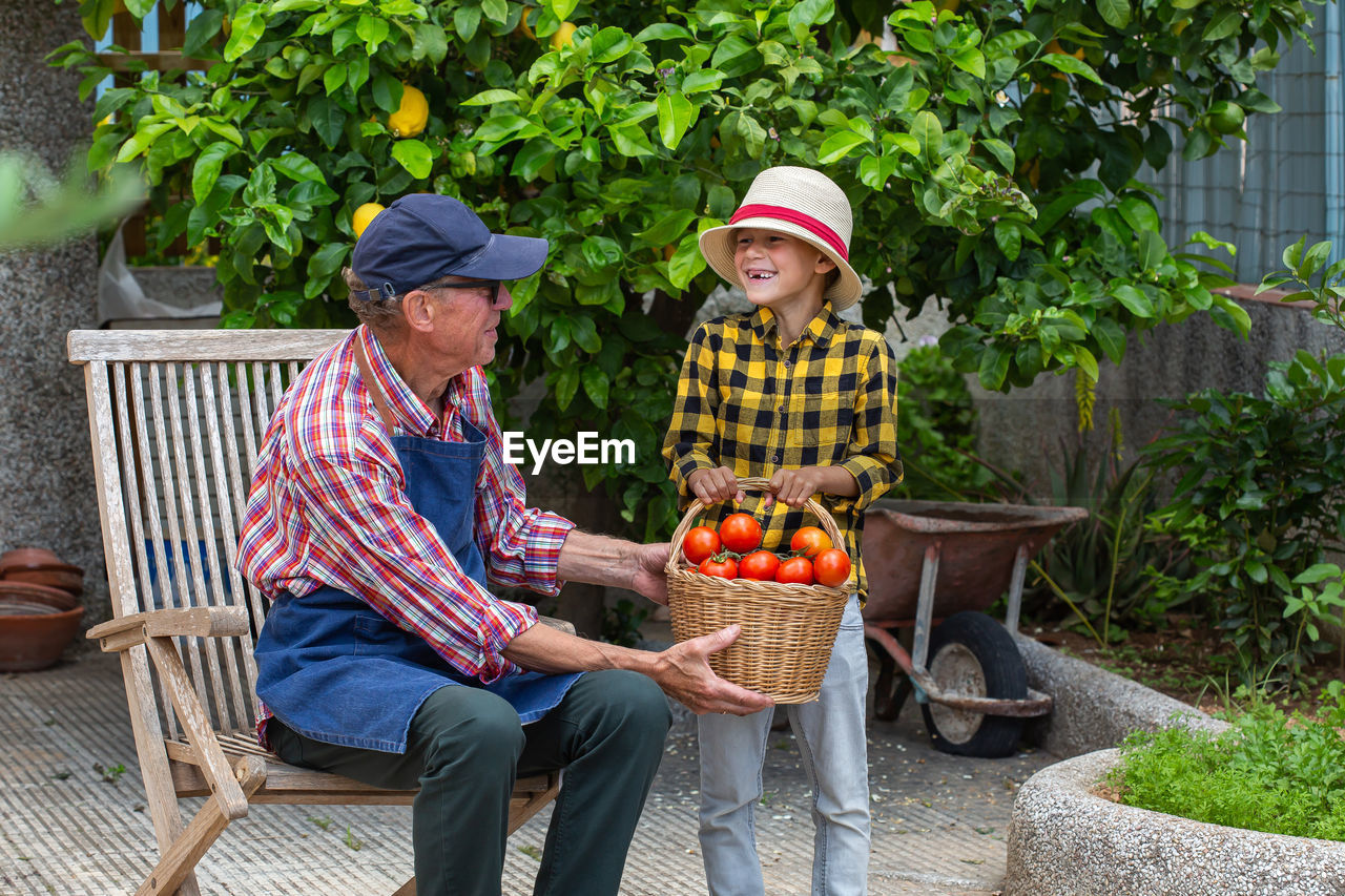 Senior man, farmer, worker with a young boy holding in hands harvest of organic fresh tomato