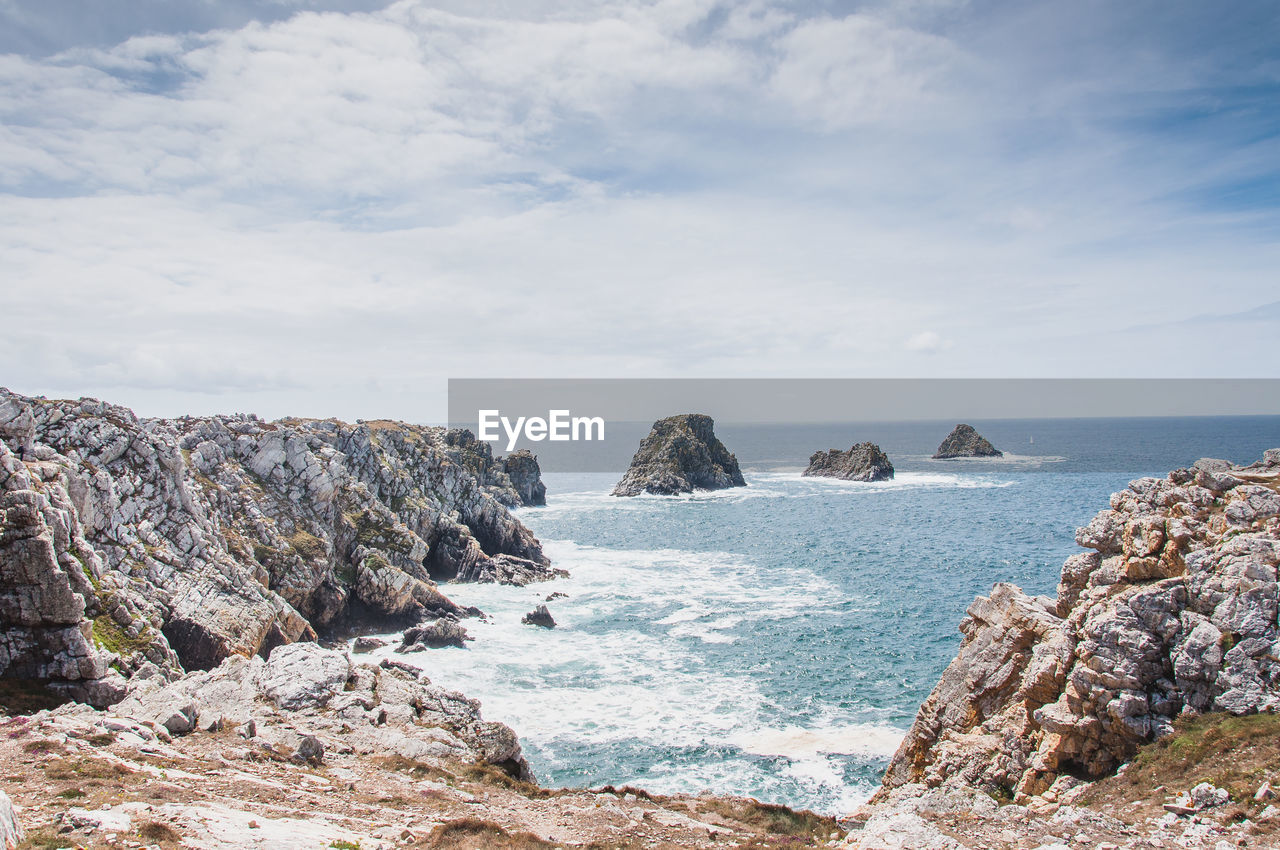 SCENIC VIEW OF ROCKS ON SEA AGAINST SKY