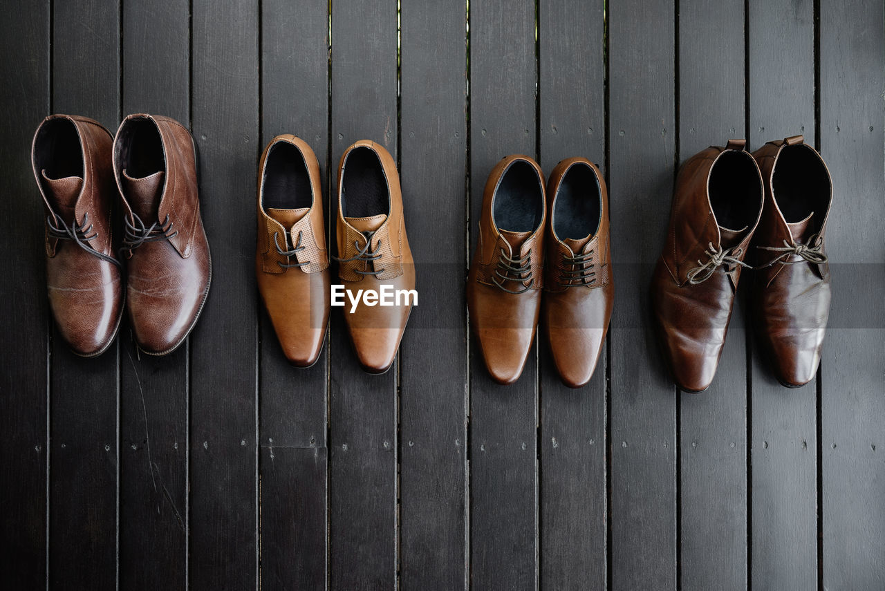 Directly above shot of leather shoes on table