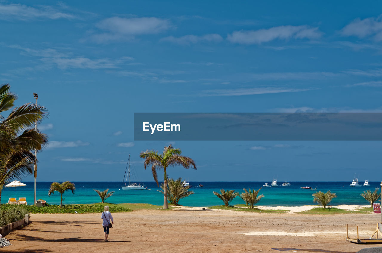 Rear view of person on beach against sky