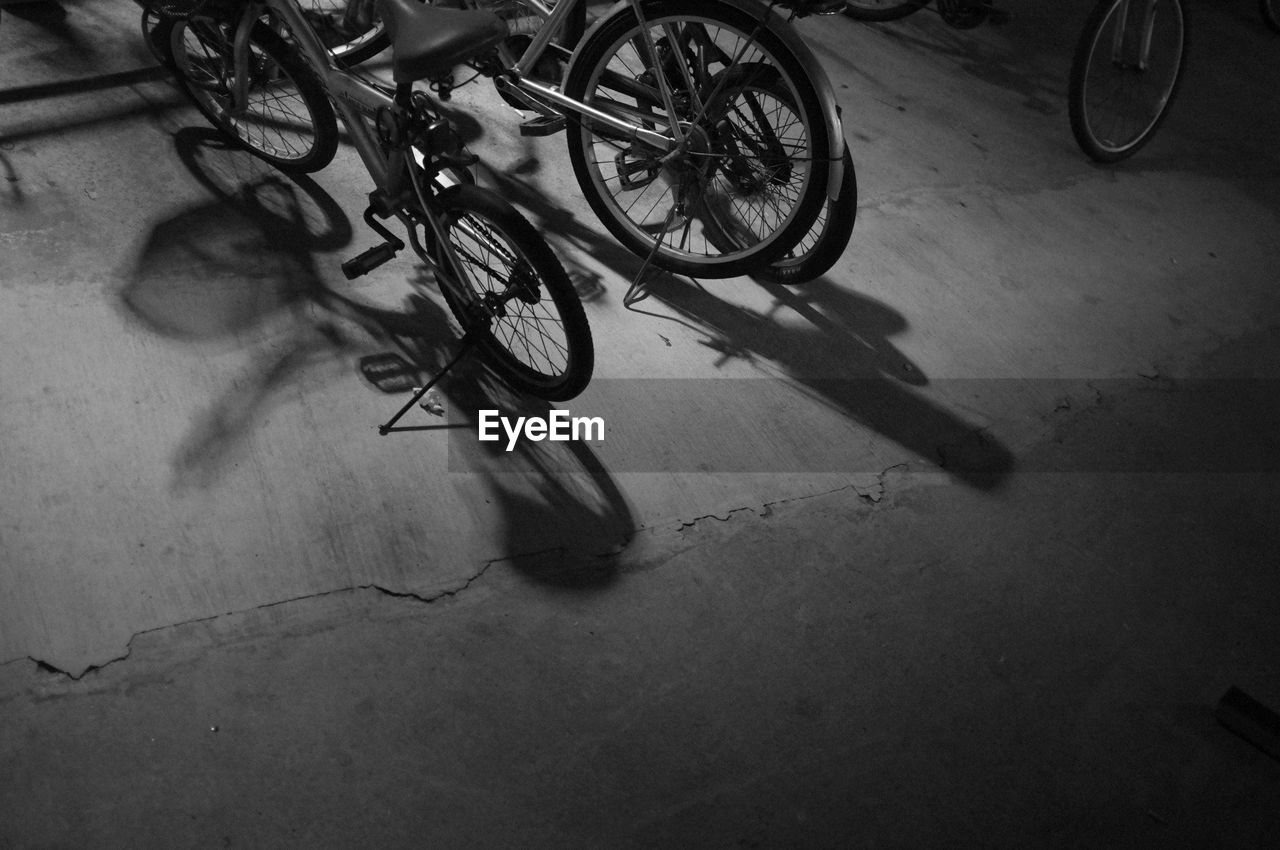 High angle view of bicycle on footpath