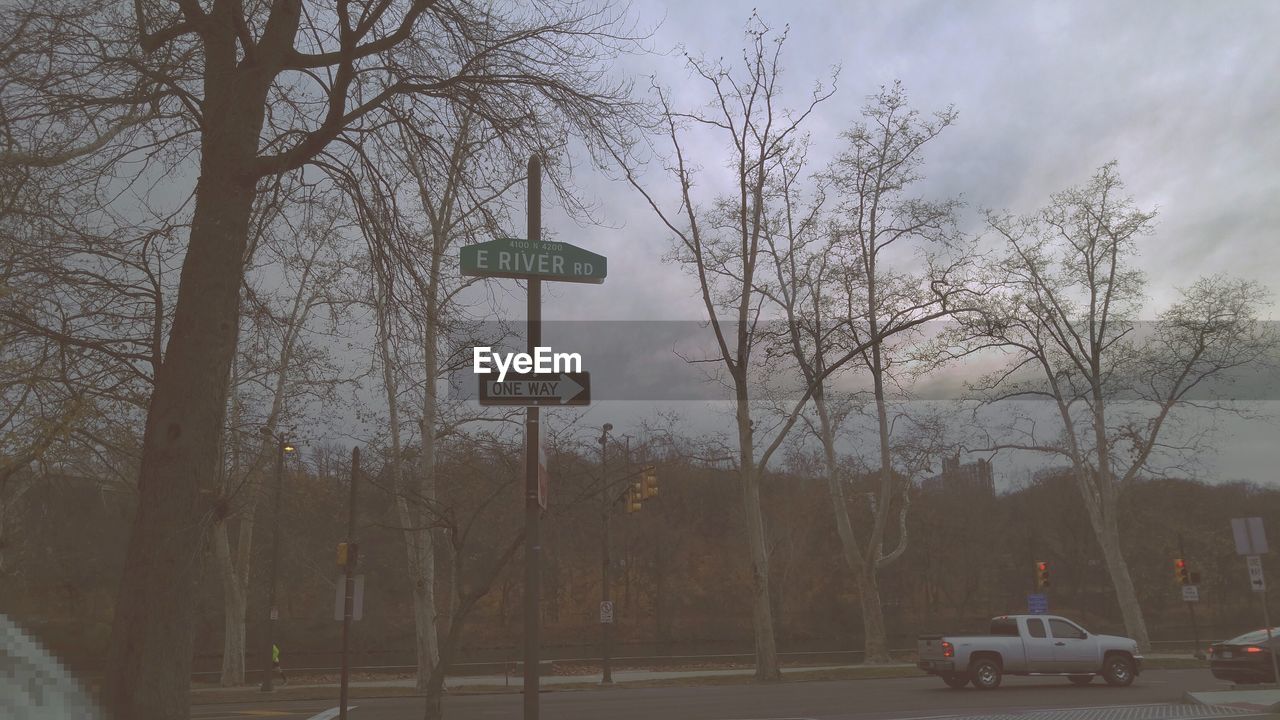 Cars moving on road by trees against cloudy sky