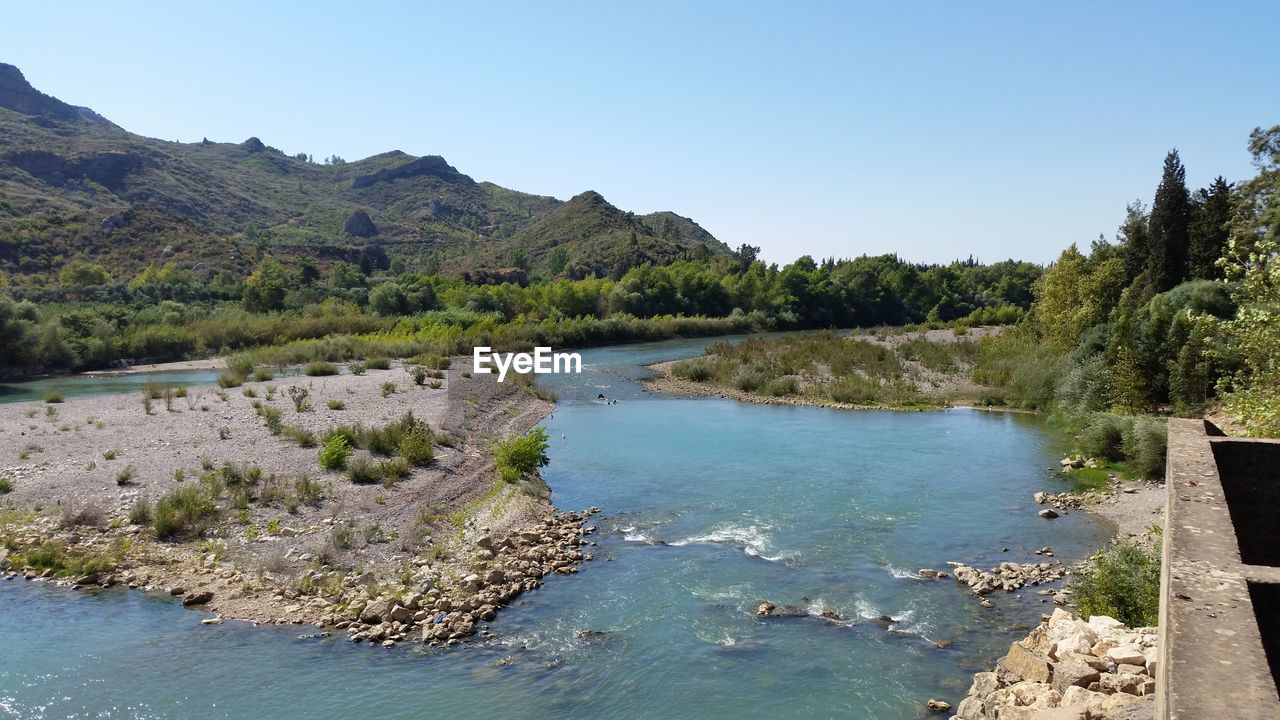 Scenic view of lake against clear sky