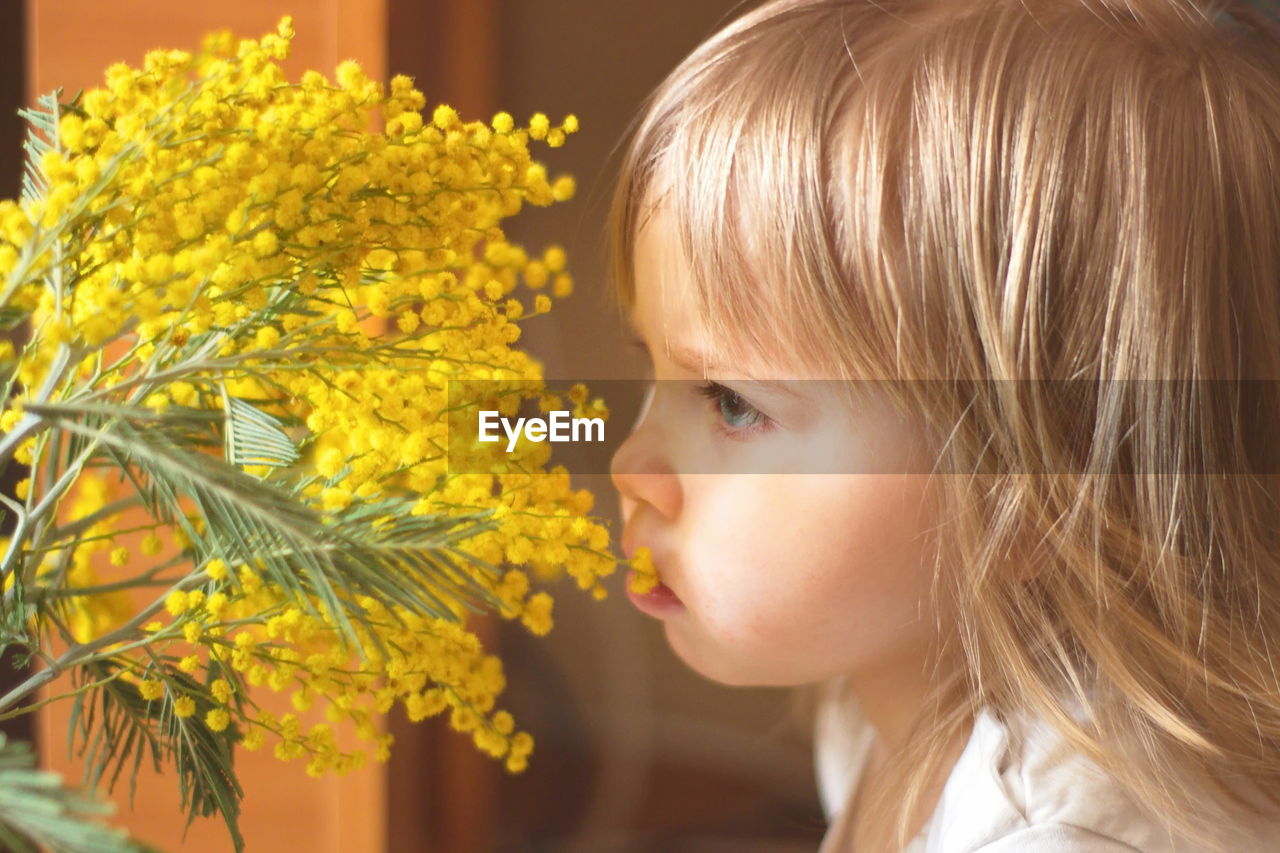 Close-up side view of cute baby girl smelling yellow flowering plants at home