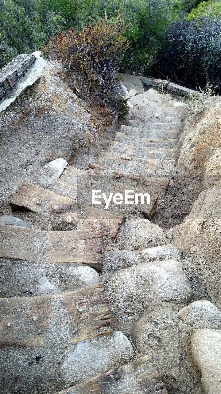 High angle view of wooden steps