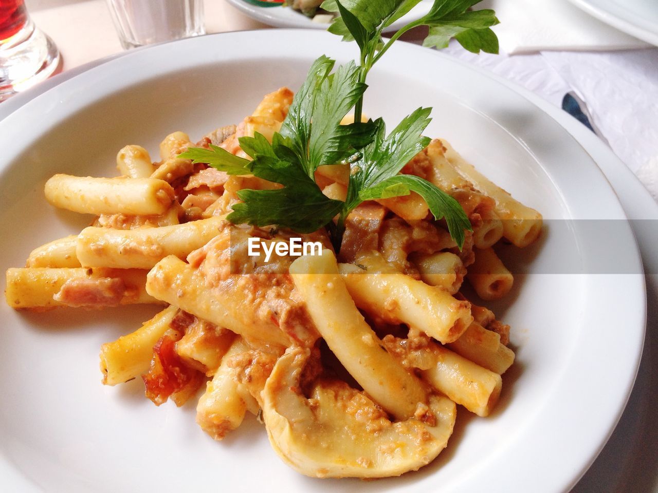 Close-up of pasta served on table