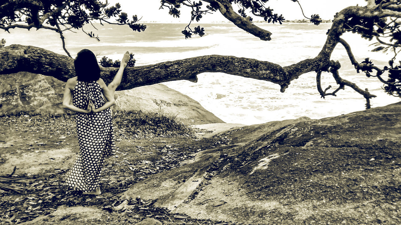 REAR VIEW OF WOMAN STANDING ON TREE