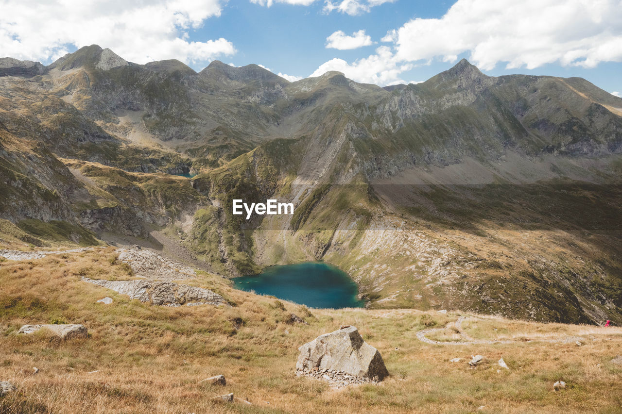 A scenic view on a blue lake in the pyrenees.