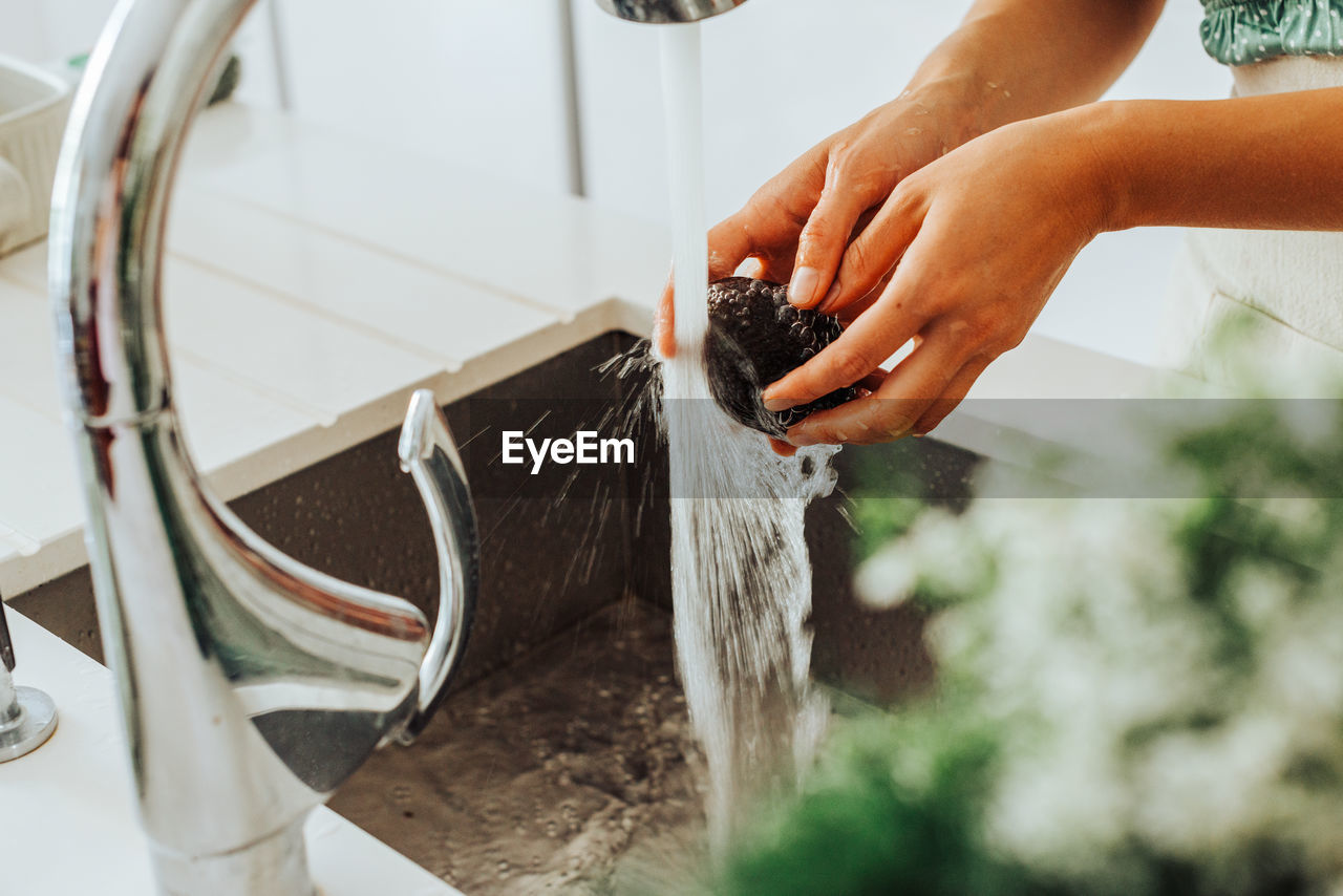 Close up of female hands washing avocado in tap water