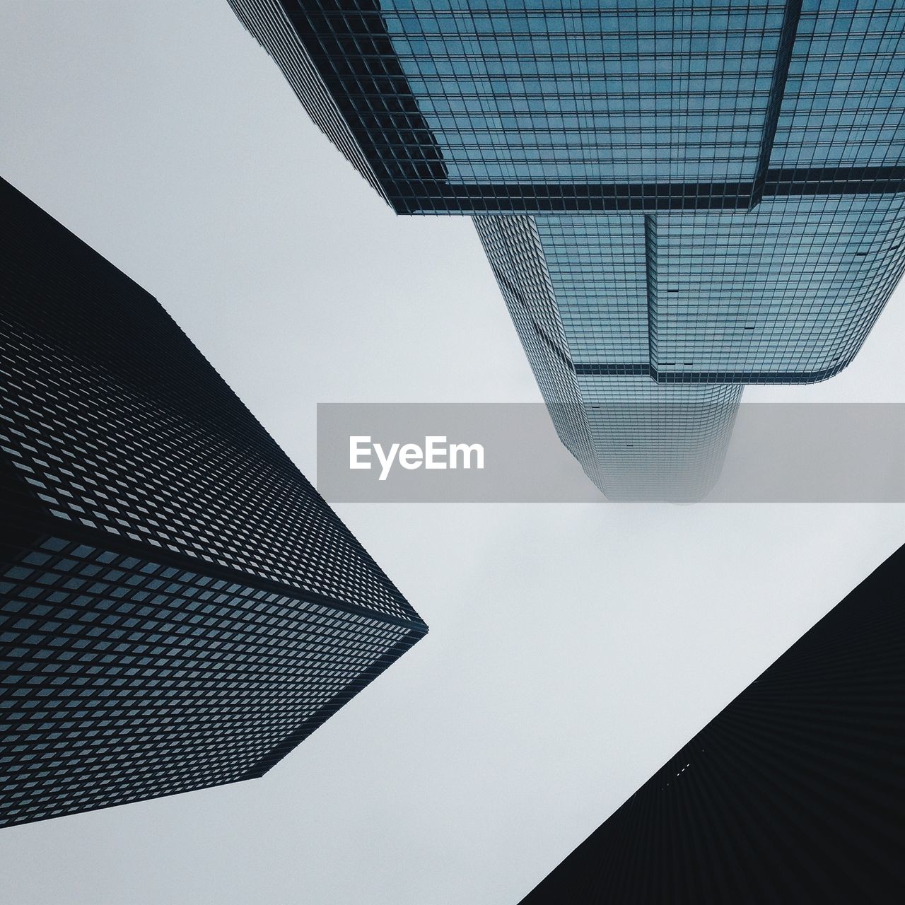 Low angle view of skyscrapers covered with fog