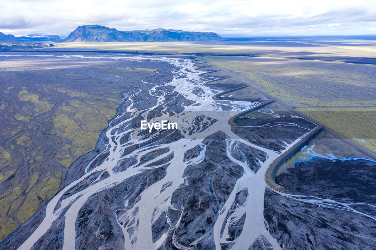 Aerial view of snow on landscape