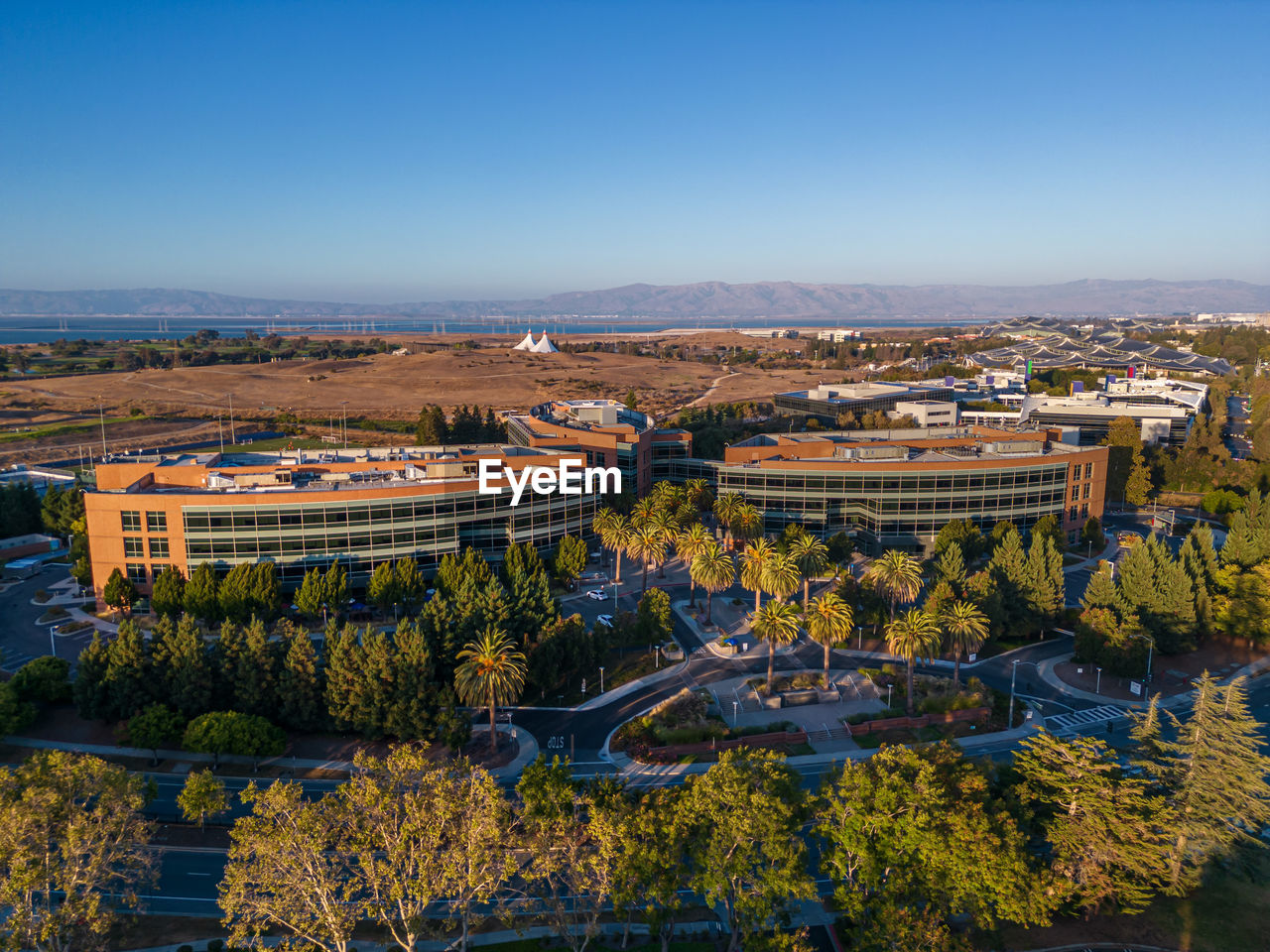 Googleplex - google headquarters office buildings seen from above.