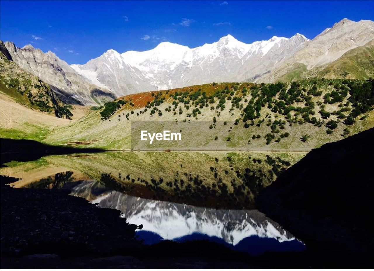 SCENIC VIEW OF SNOWCAPPED MOUNTAINS AND LAKE AGAINST SKY