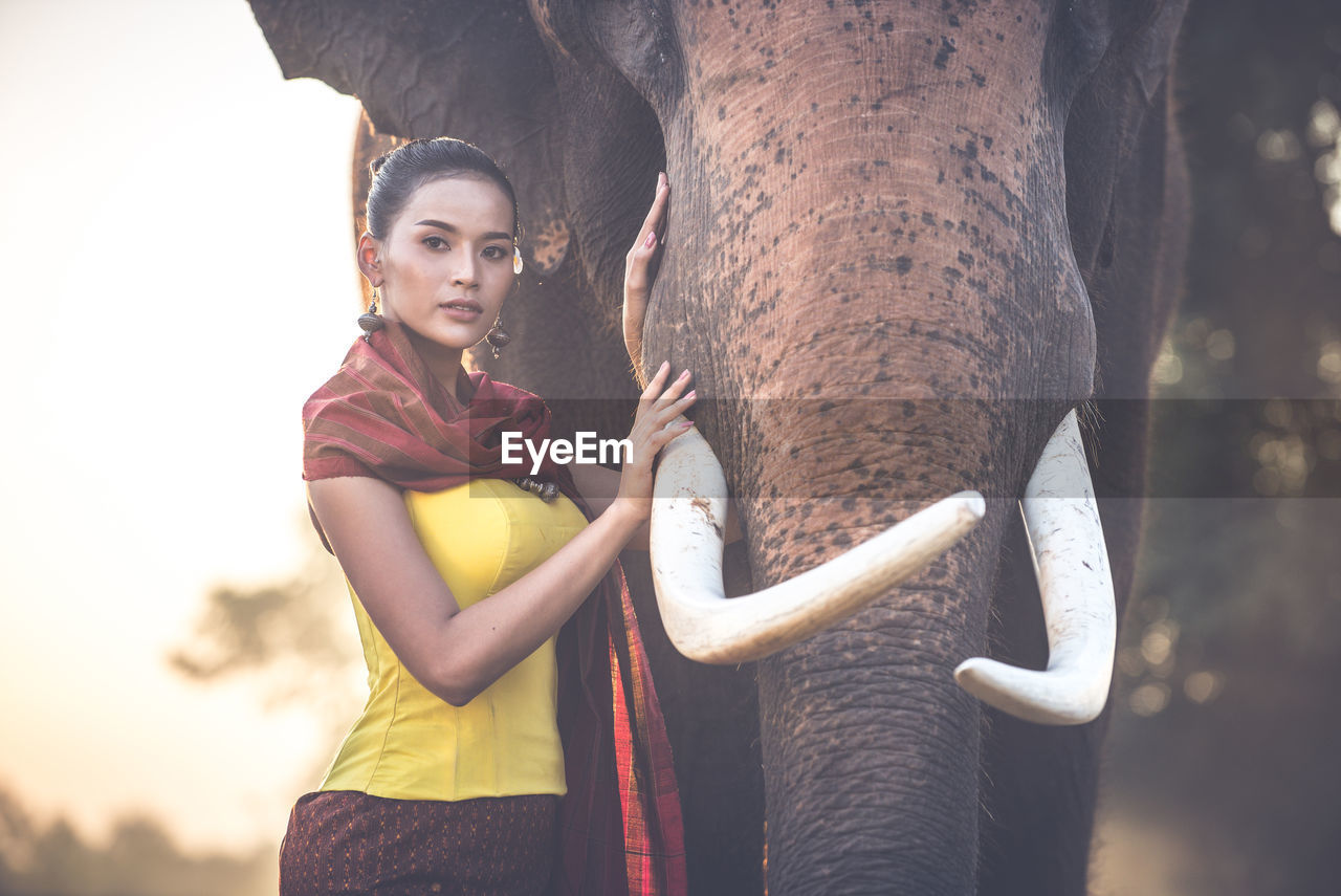 Portrait of young woman standing by elephant in forest