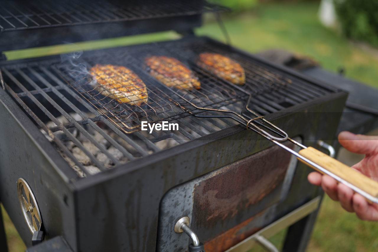 Salmon steaks on grill are coking on the firewood in the backyard.