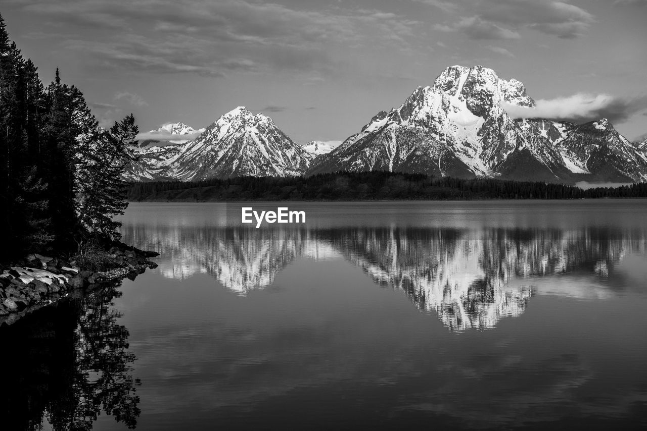 Scenic view of lake and mountains against sky