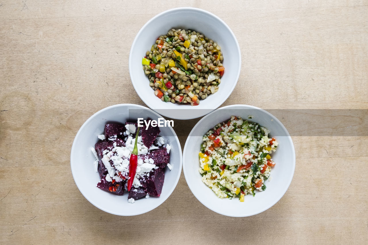 High angle view of food served on table