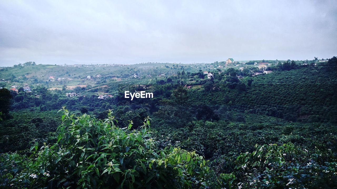 Aerial view of town against sky