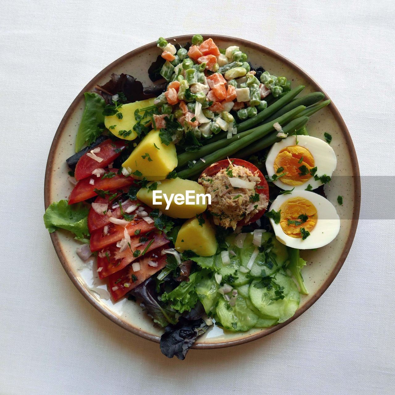 High angle view of vegetable platter with tuna stuffed tomato and boiled egg