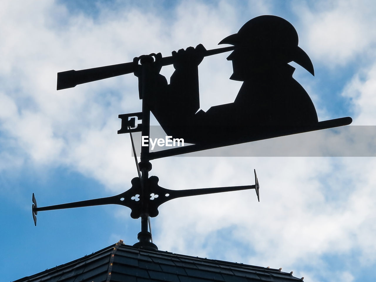 A weather vane with person looking through a telepscope