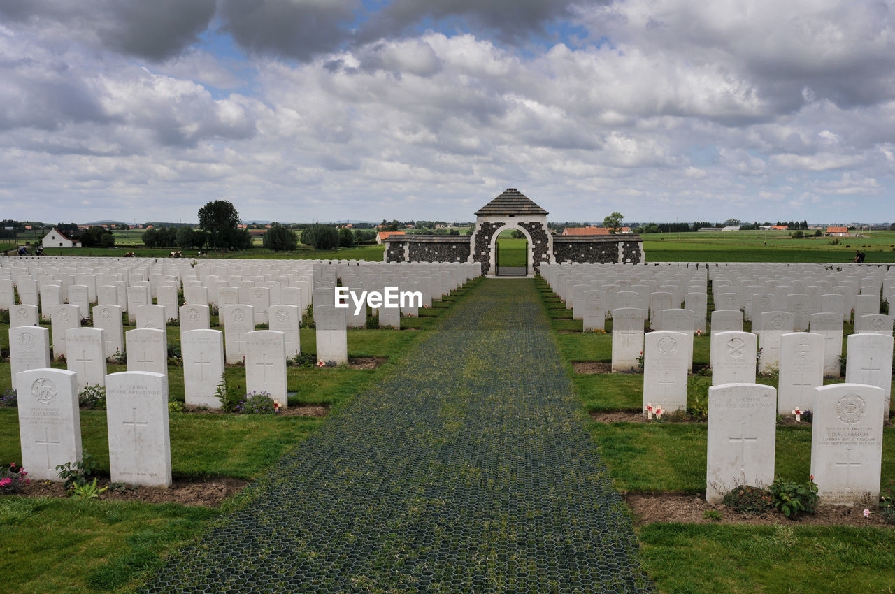 TOMBSTONES IN CEMETERY AGAINST SKY