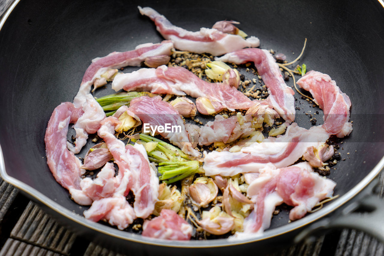 HIGH ANGLE VIEW OF MEAT IN PAN