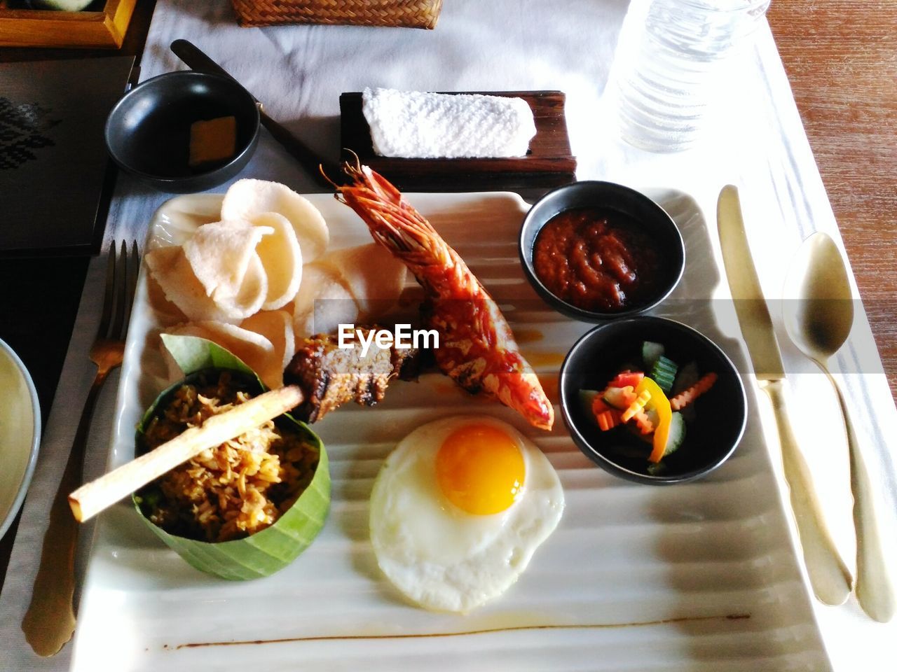 High angle view of breakfast served on table