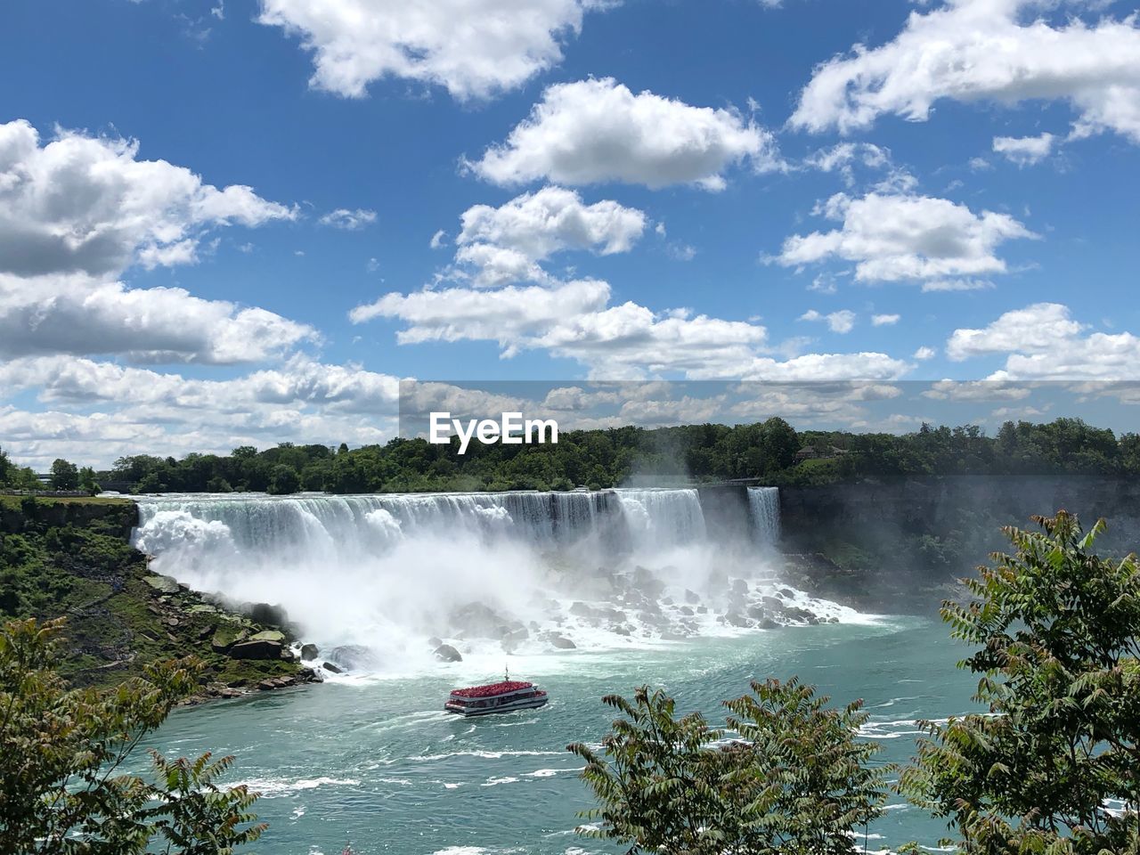 Scenic view of waterfall against sky