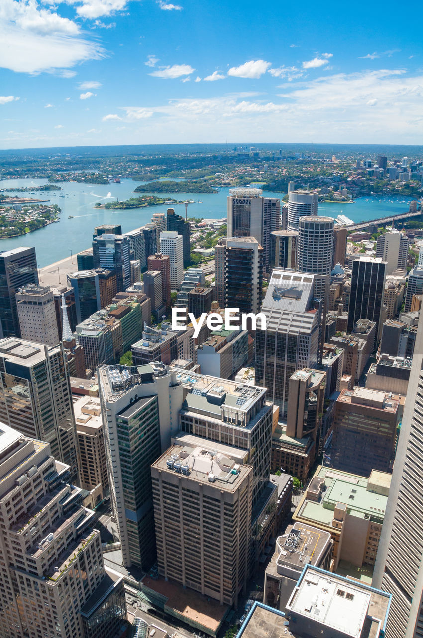 High angle view of buildings against sky