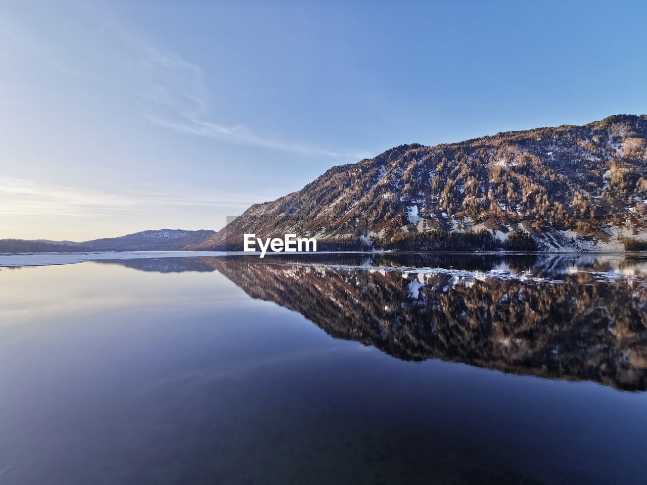 Scenic view of lake by mountains against sky